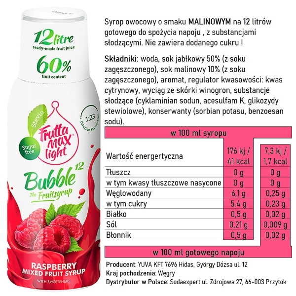 Syrop FruttaMax MALINA LIGHT 500 ml na 12 litrów